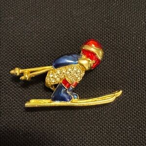 Colorful Skier Brooch with Gold Accents